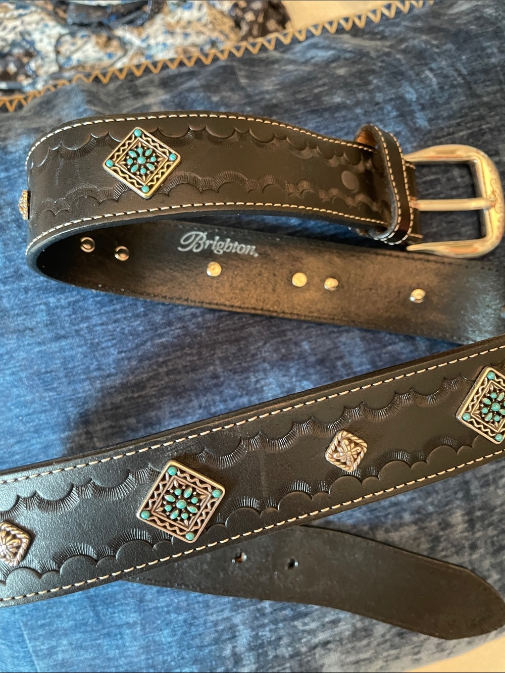 Brighton Black Leather Belt with Turquoise-Accent. Unisex